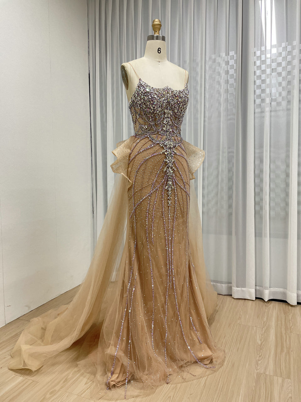 Champagne Prom Dress with Rhinestone Embellishments Peplum Waist Flowing Train MB40344-2