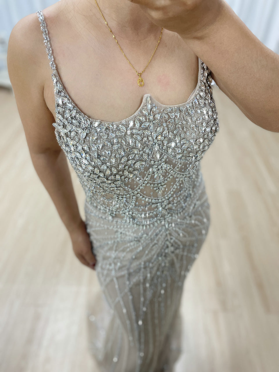 Luxury Strapless Handmade Beading Birthday Party Nude Evening Dress With Removable Overskirt MB40344