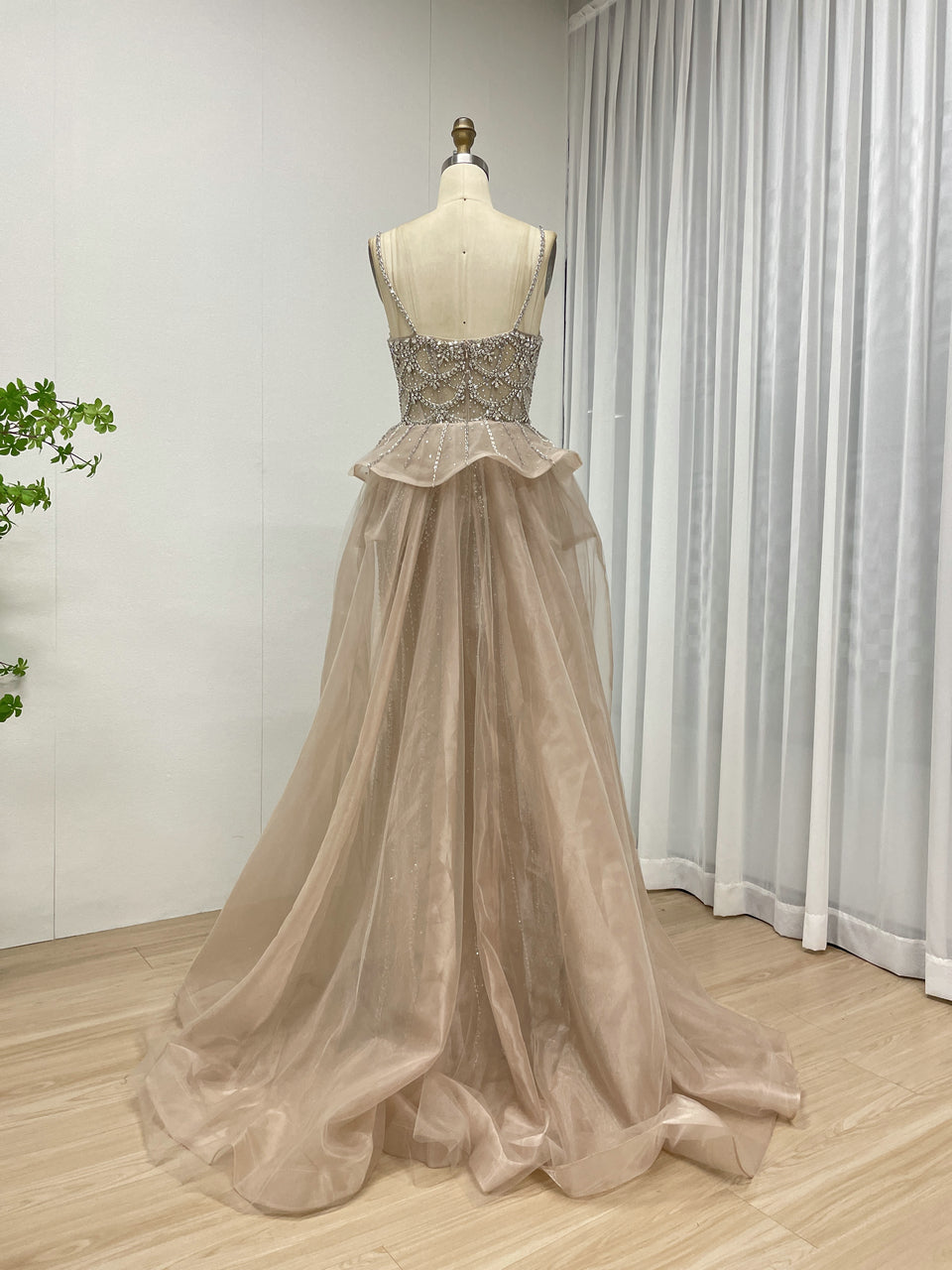 Luxury Strapless Handmade Beading Birthday Party Nude Evening Dress With Removable Overskirt MB40344