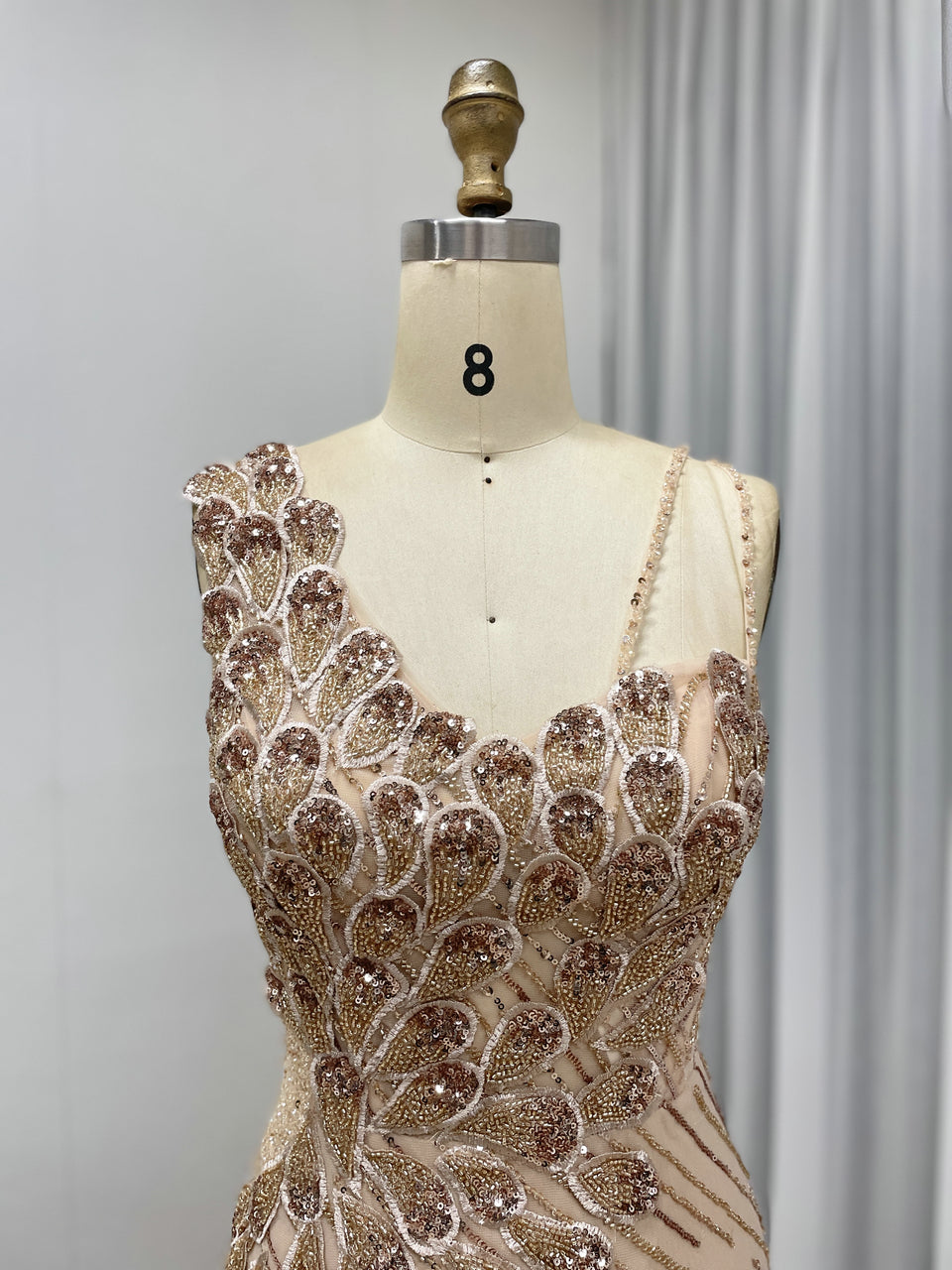 Dubai Gorgeous Champagne Evening Dress Sexy High Slit Spaghetti Strap With Exquisite Intricate Hand Beaded MB40347