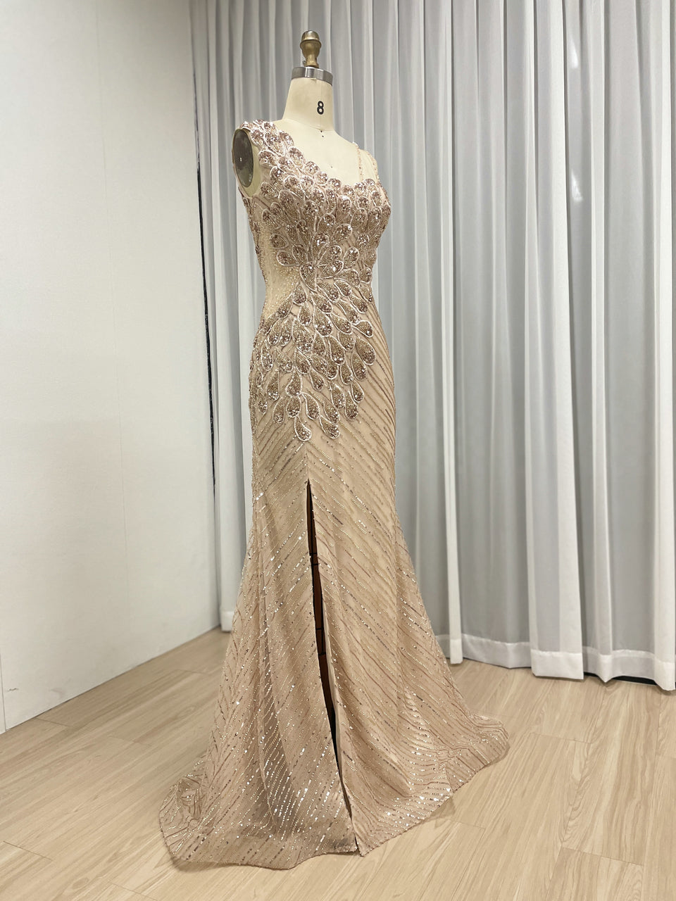 Dubai Gorgeous Champagne Evening Dress Sexy High Slit Spaghetti Strap With Exquisite Intricate Hand Beaded MB40347