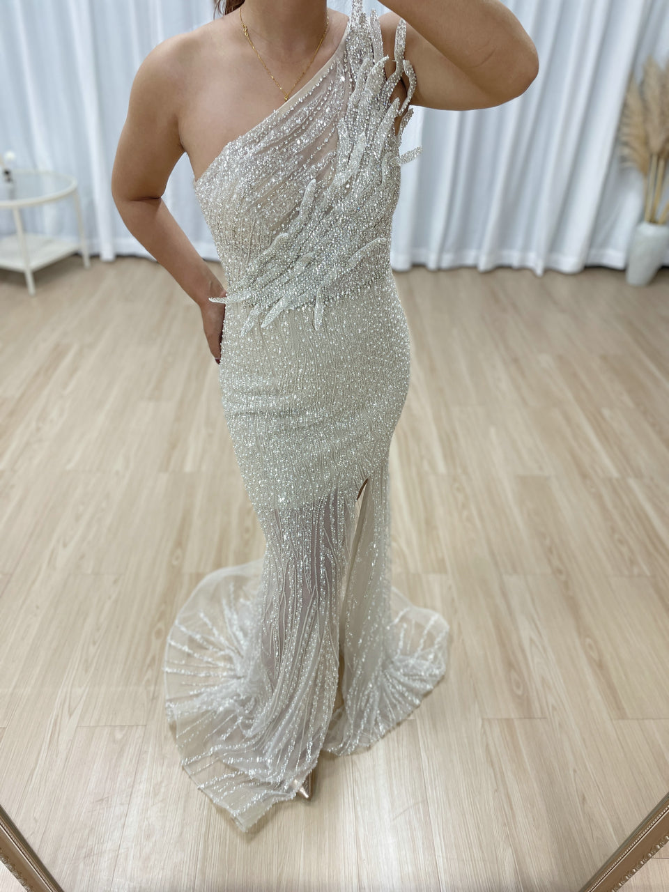 Sexy One Shoulder Hand Beaded hight Slit See Through Evening Gown Suitable for Banquet MB40348