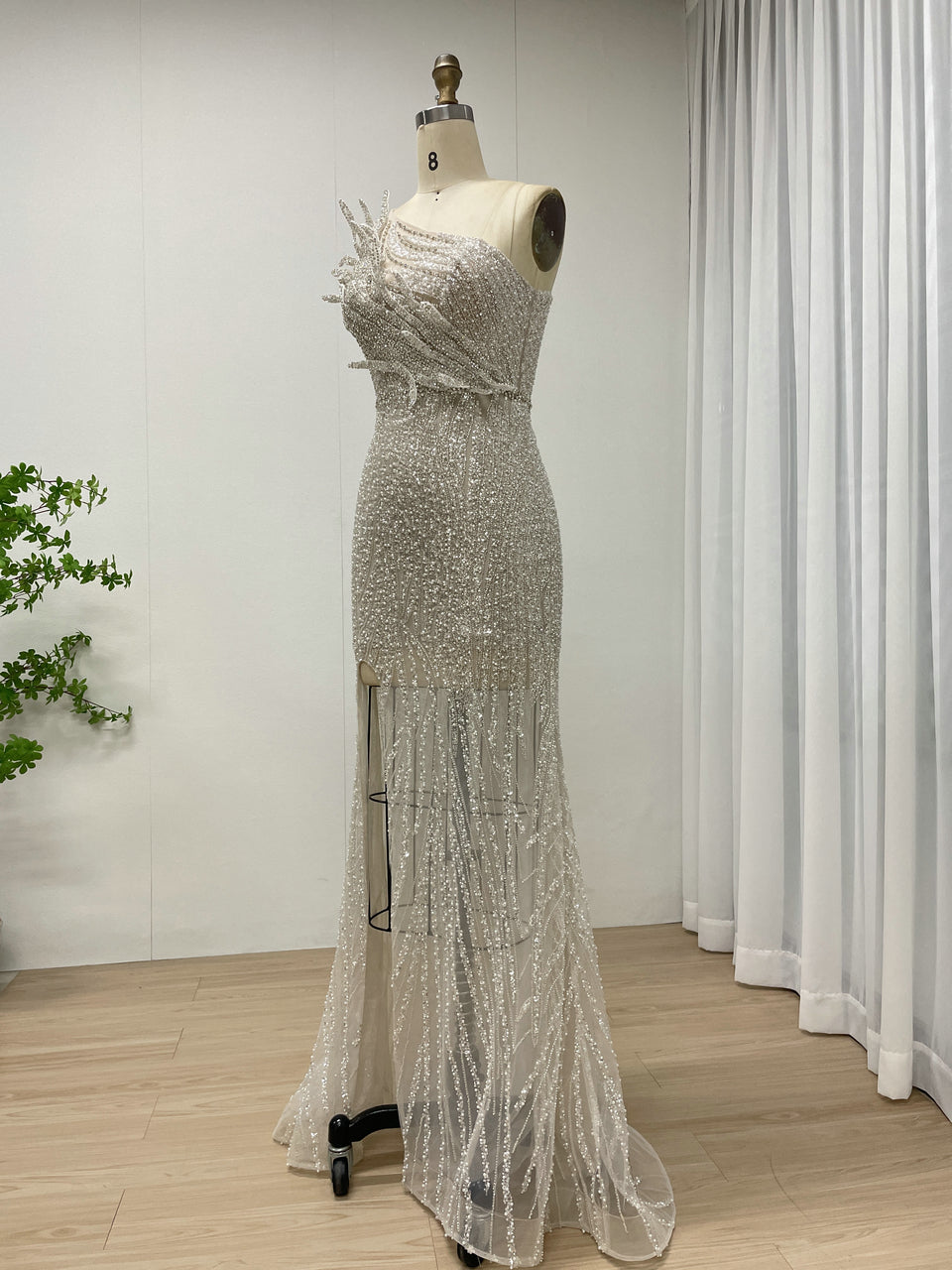 Sexy One Shoulder Hand Beaded hight Slit See Through Evening Gown Suitable for Banquet MB40348