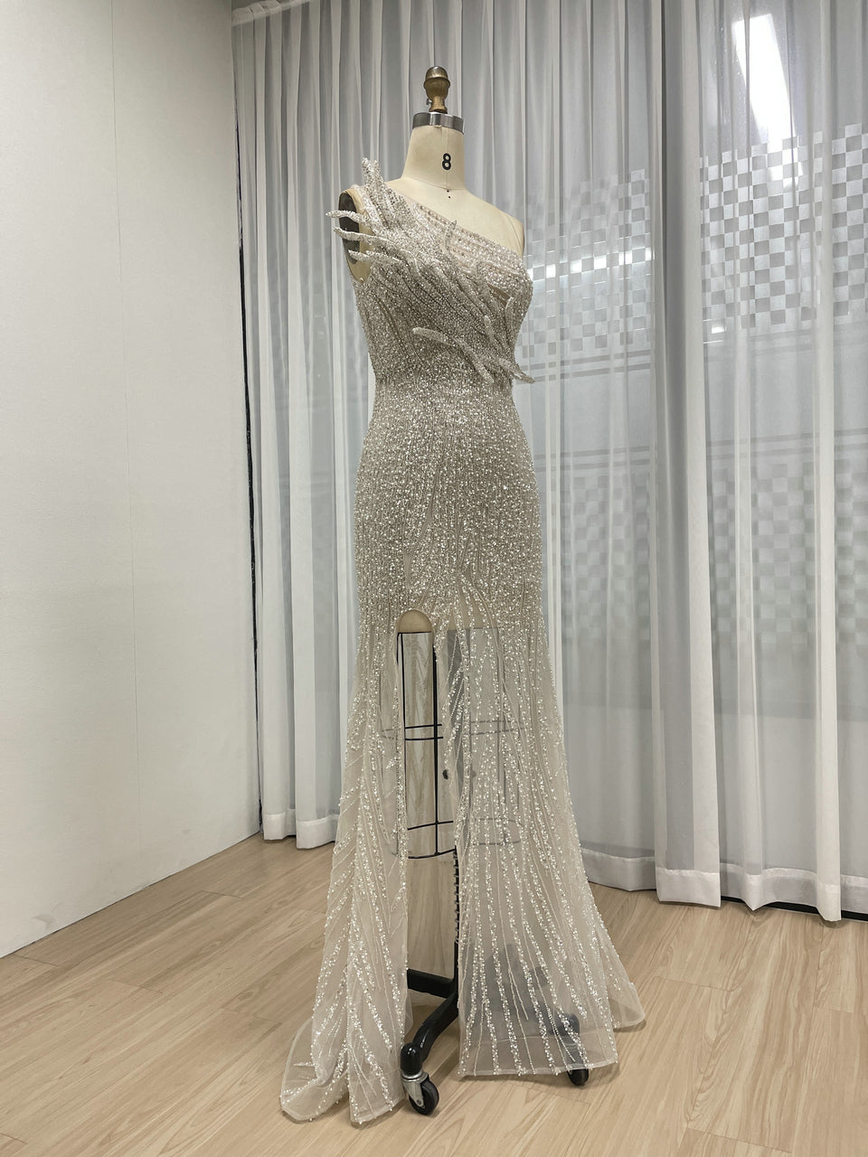Sexy One Shoulder Hand Beaded hight Slit See Through Evening Gown Suitable for Banquet MB40348