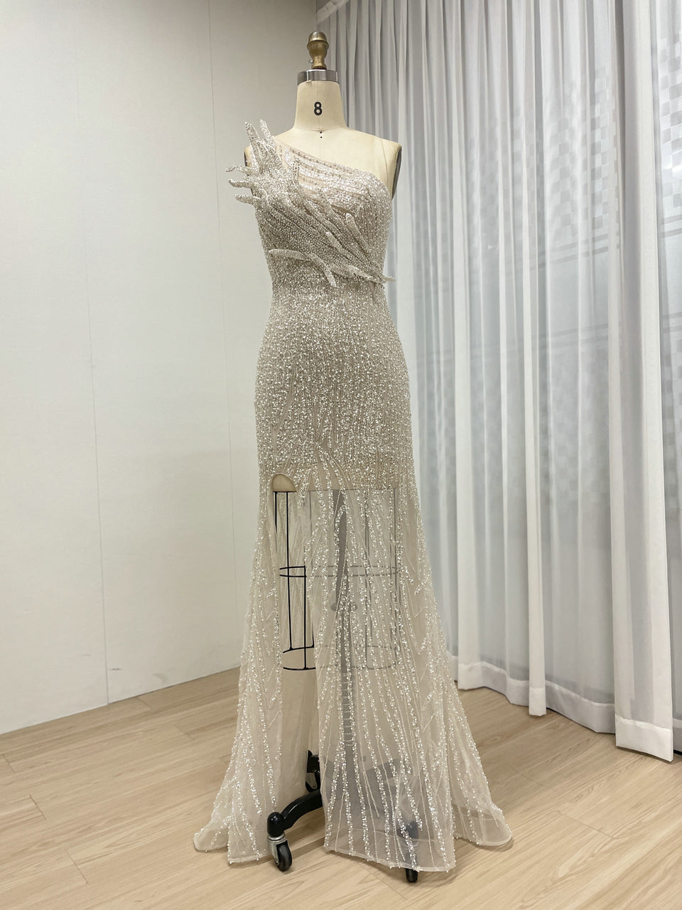 Sexy One Shoulder Hand Beaded hight Slit See Through Evening Gown Suitable for Banquet MB40348