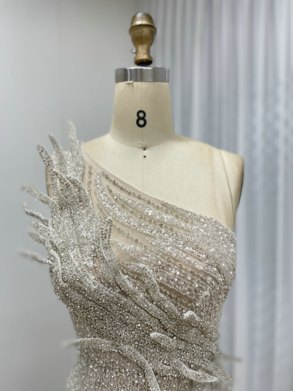 Sexy One Shoulder Hand Beaded hight Slit See Through Evening Gown Suitable for Banquet MB40348