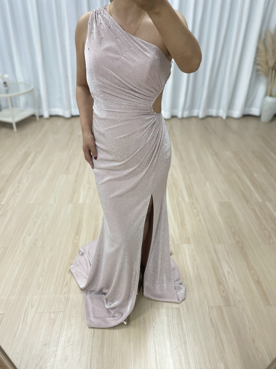 Pink Glamorous High Slit One Shoulder Pleated Mermaid Gown Suitable for Prom MB40349
