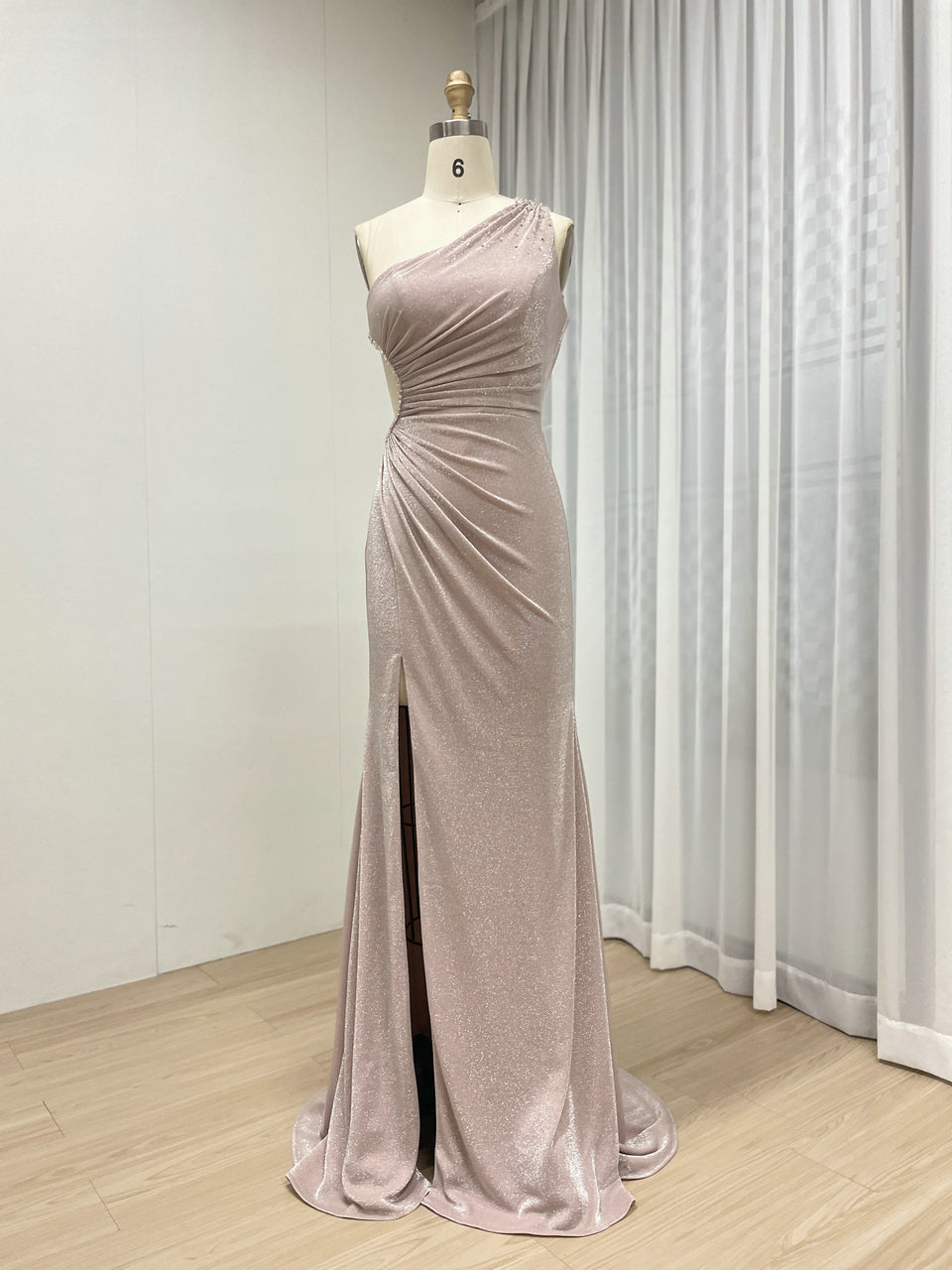 Pink Glamorous High Slit One Shoulder Pleated Mermaid Gown Suitable for Prom MB40349