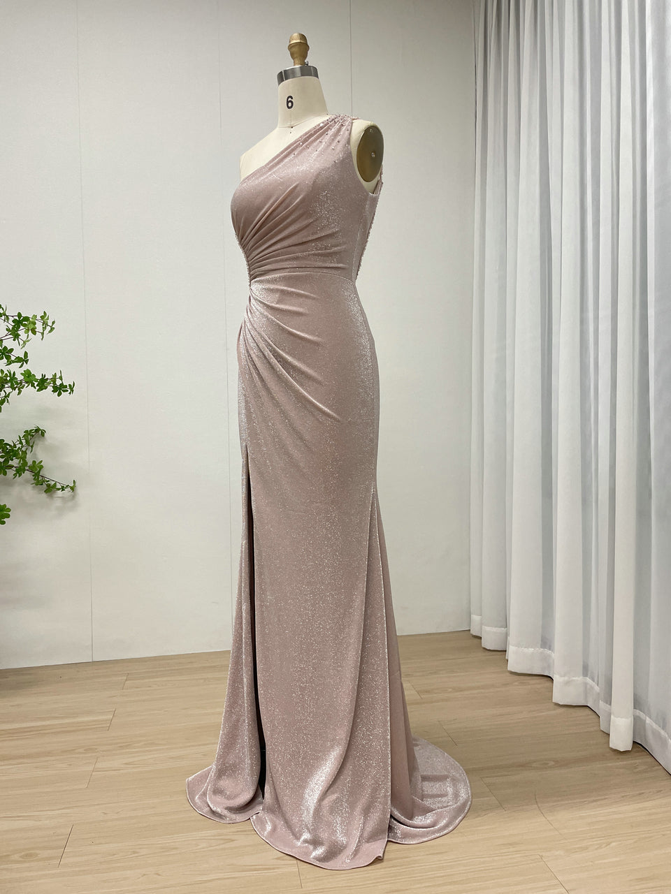 Pink Glamorous High Slit One Shoulder Pleated Mermaid Gown Suitable for Prom MB40349