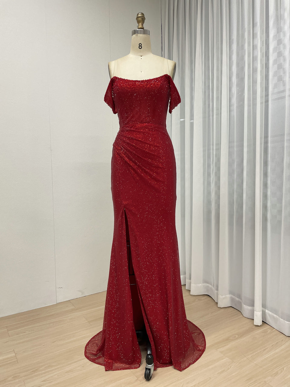 Sexy Hight Slit Pleated Design Elegant Off the Shoulder Evening Gown Suitable for Banquet MB40350