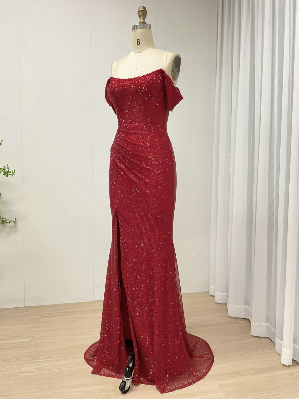 Sexy Hight Slit Pleated Design Elegant Off the Shoulder Evening Gown Suitable for Banquet MB40350