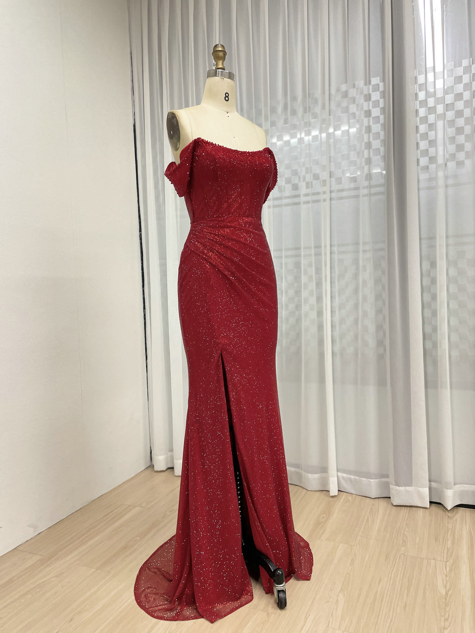 Sexy Hight Slit Pleated Design Elegant Off the Shoulder Evening Gown Suitable for Banquet MB40350