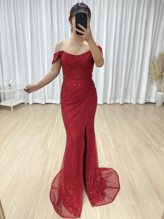 Sexy Hight Slit Pleated Design Elegant Off the Shoulder Evening Gown Suitable for Banquet MB40350