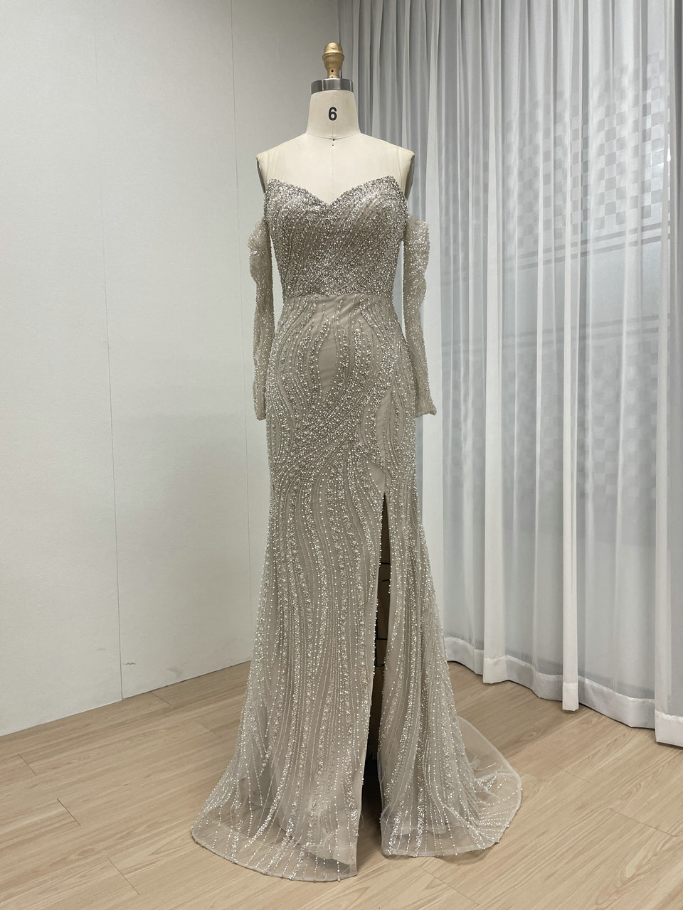 Luxury Couture Beaded Champagne Off the Shoulder Mermaid Banquet Evening Gown With Active Sleeves MB40351