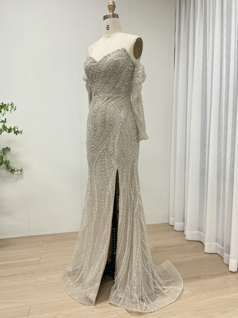 Luxury Couture Beaded Champagne Off the Shoulder Mermaid Banquet Evening Gown With Active Sleeves MB40351