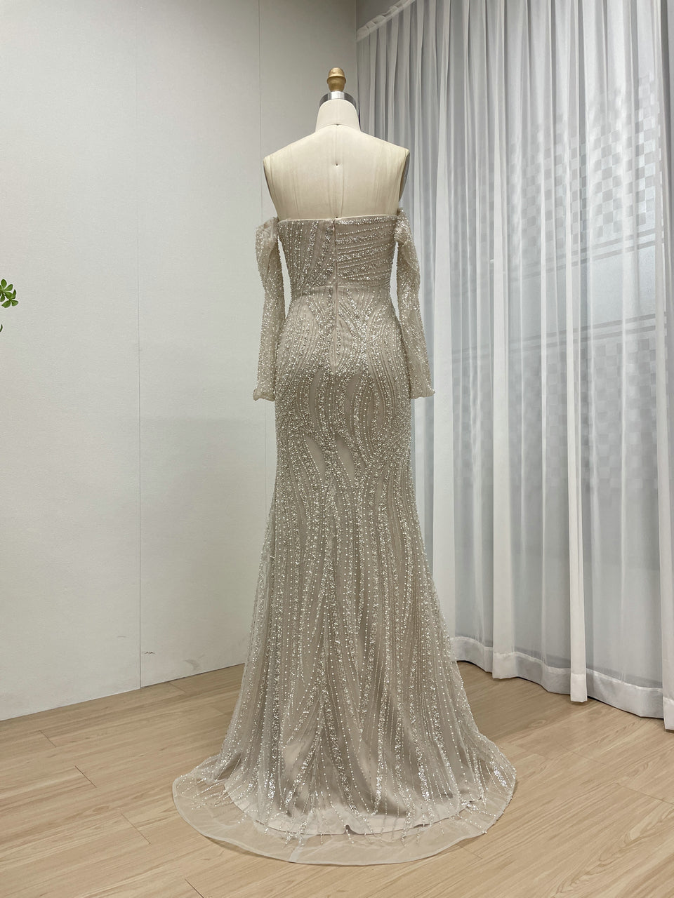 Luxury Couture Beaded Champagne Off the Shoulder Mermaid Banquet Evening Gown With Active Sleeves MB40351