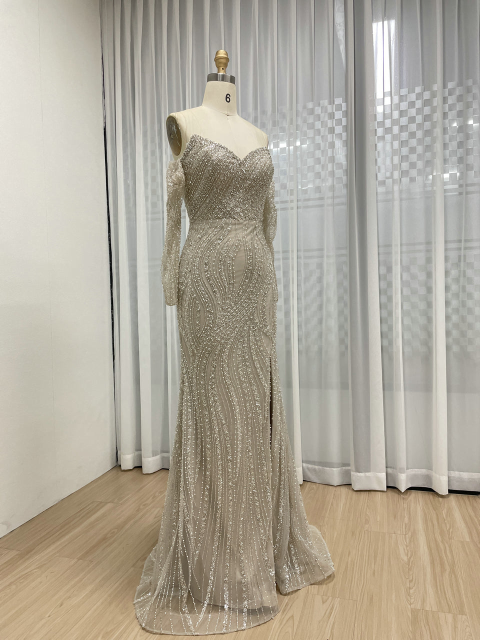 Luxury Couture Beaded Champagne Off the Shoulder Mermaid Banquet Evening Gown With Active Sleeves MB40351