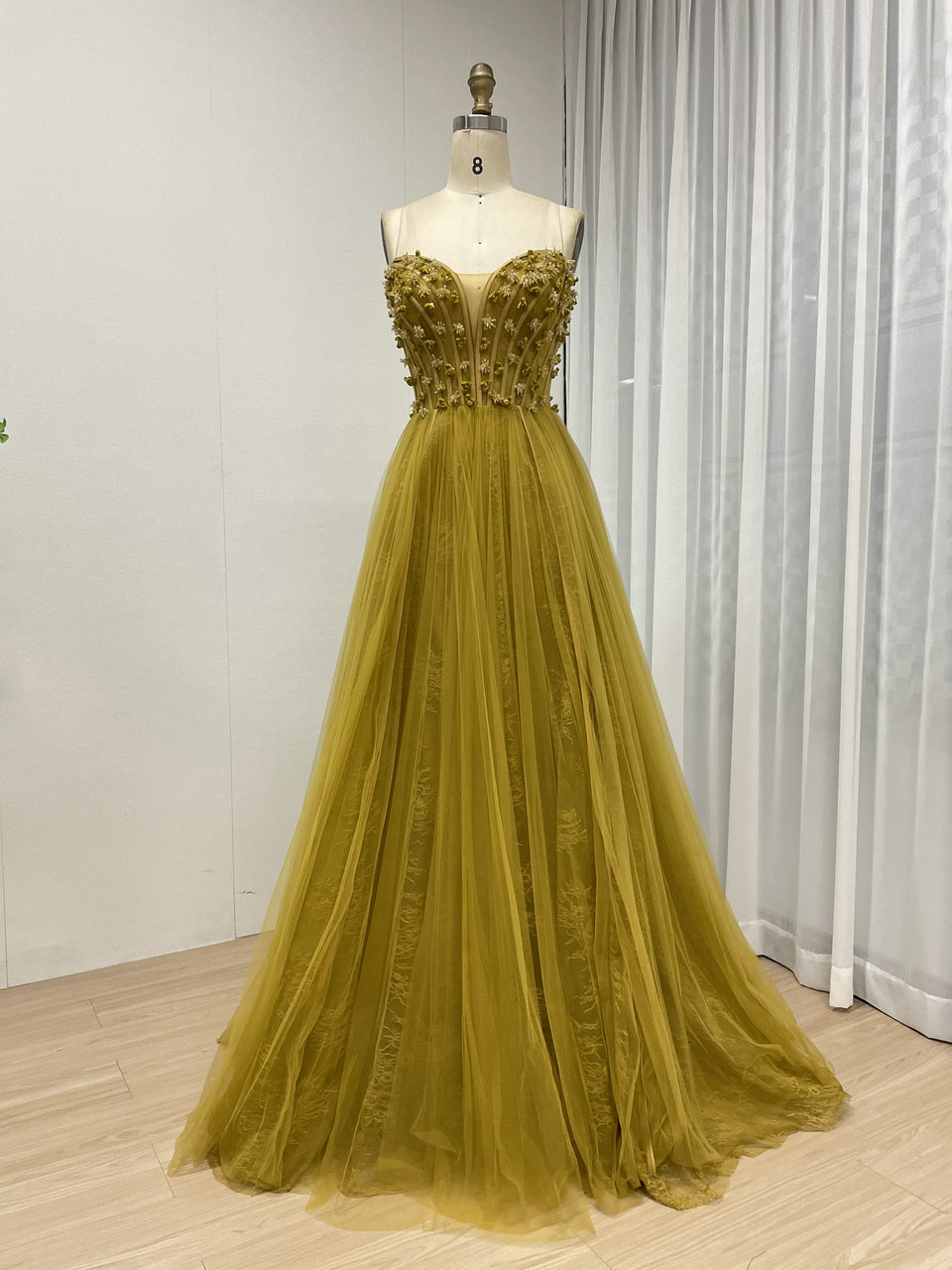 Luxury Olive Green a Line Beautiful Floral Embroidered Strapless Wedding Dress MB40353