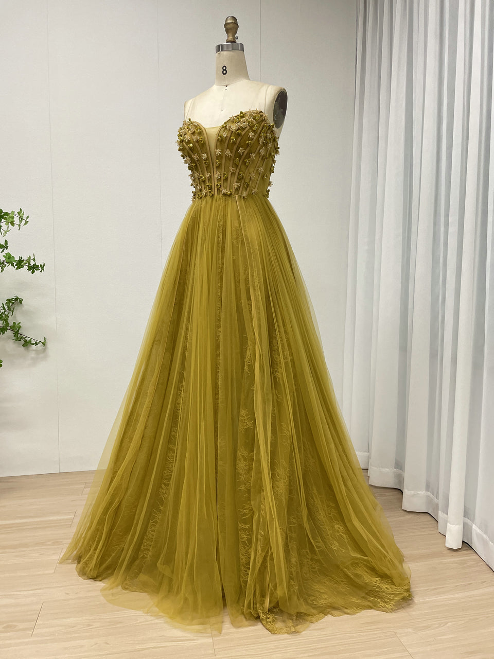 Luxury Olive Green a Line Beautiful Floral Embroidered Strapless Wedding Dress MB40353