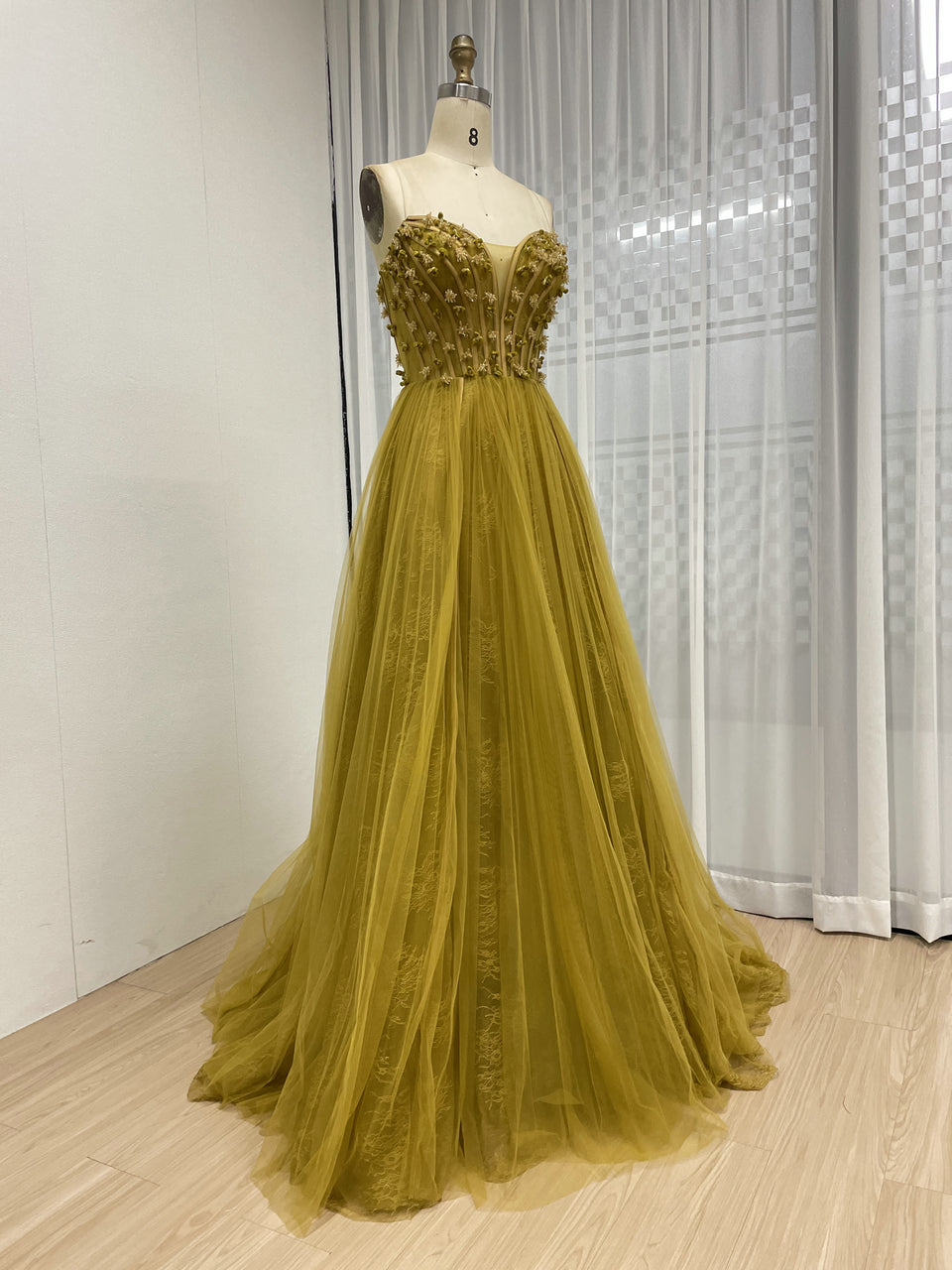 Luxury Olive Green a Line Beautiful Floral Embroidered Strapless Wedding Dress MB40353