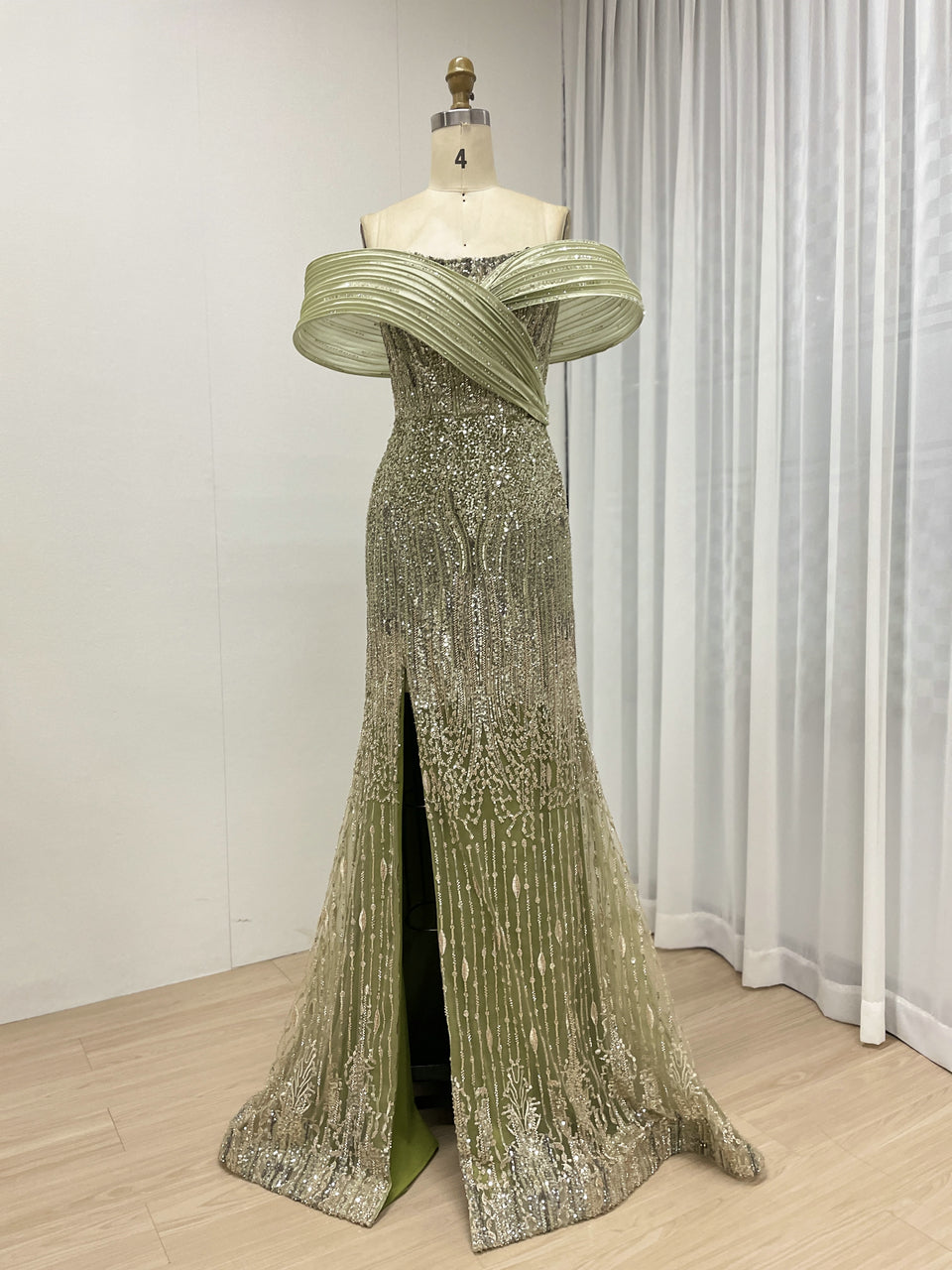 Luxury Olive Crystal Beading Sexy High Slit Off the Shoulder Wedding Dresses for Women MB40354