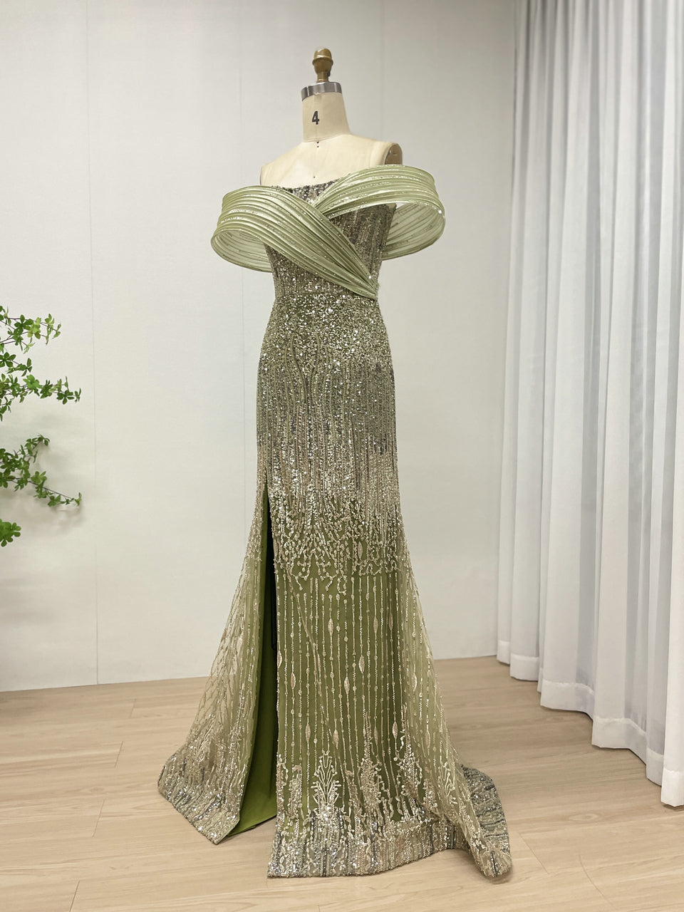 Luxury Olive Crystal Beading Sexy High Slit Off the Shoulder Wedding Dresses for Women MB40354