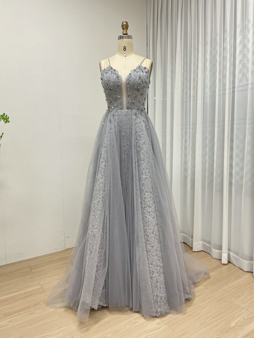 Gracefu Blue A Line Spaghetti Strap Evening Gown With Beautiful Exquisite Beaded Floral MB40355