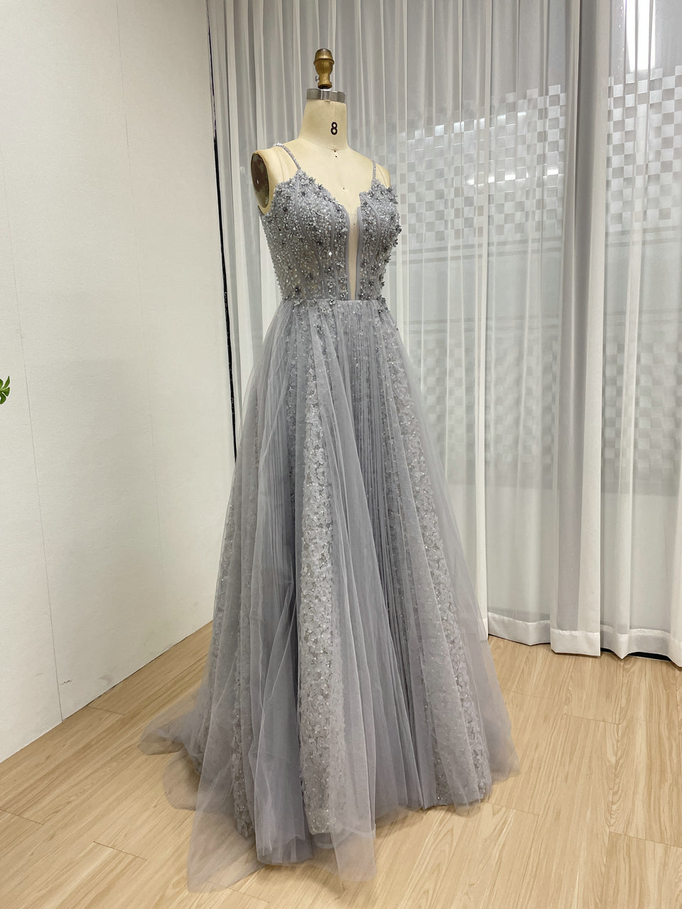 Gracefu Blue A Line Spaghetti Strap Evening Gown With Beautiful Exquisite Beaded Floral MB40355
