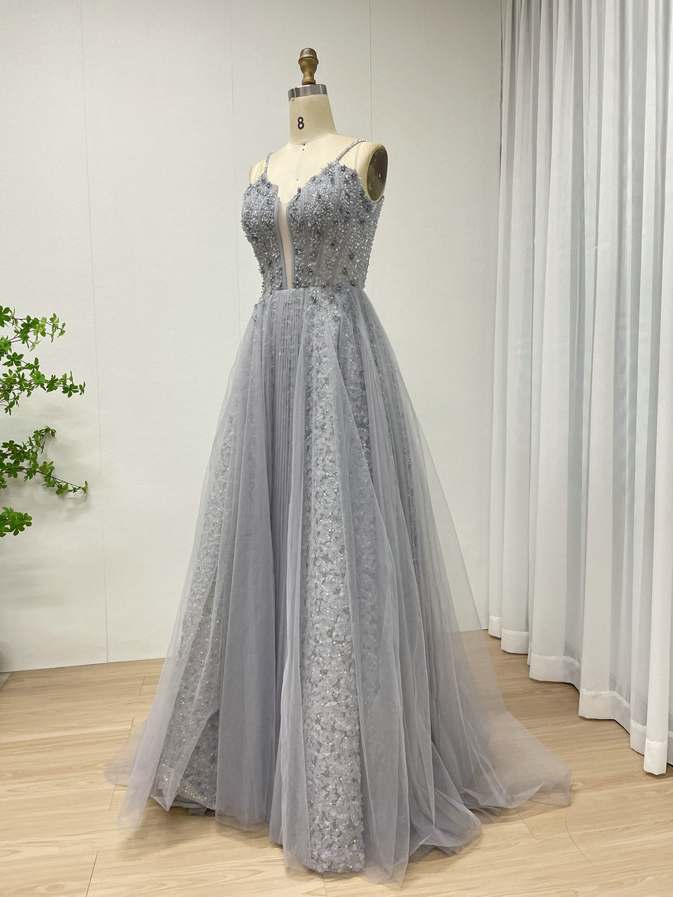 Gracefu Blue A Line Spaghetti Strap Evening Gown With Beautiful Exquisite Beaded Floral MB40355