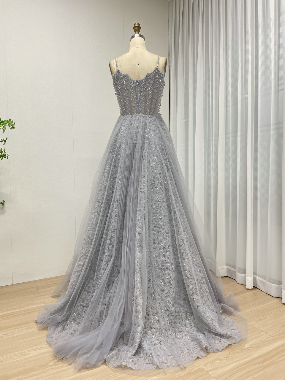 Gracefu Blue A Line Spaghetti Strap Evening Gown With Beautiful Exquisite Beaded Floral MB40355