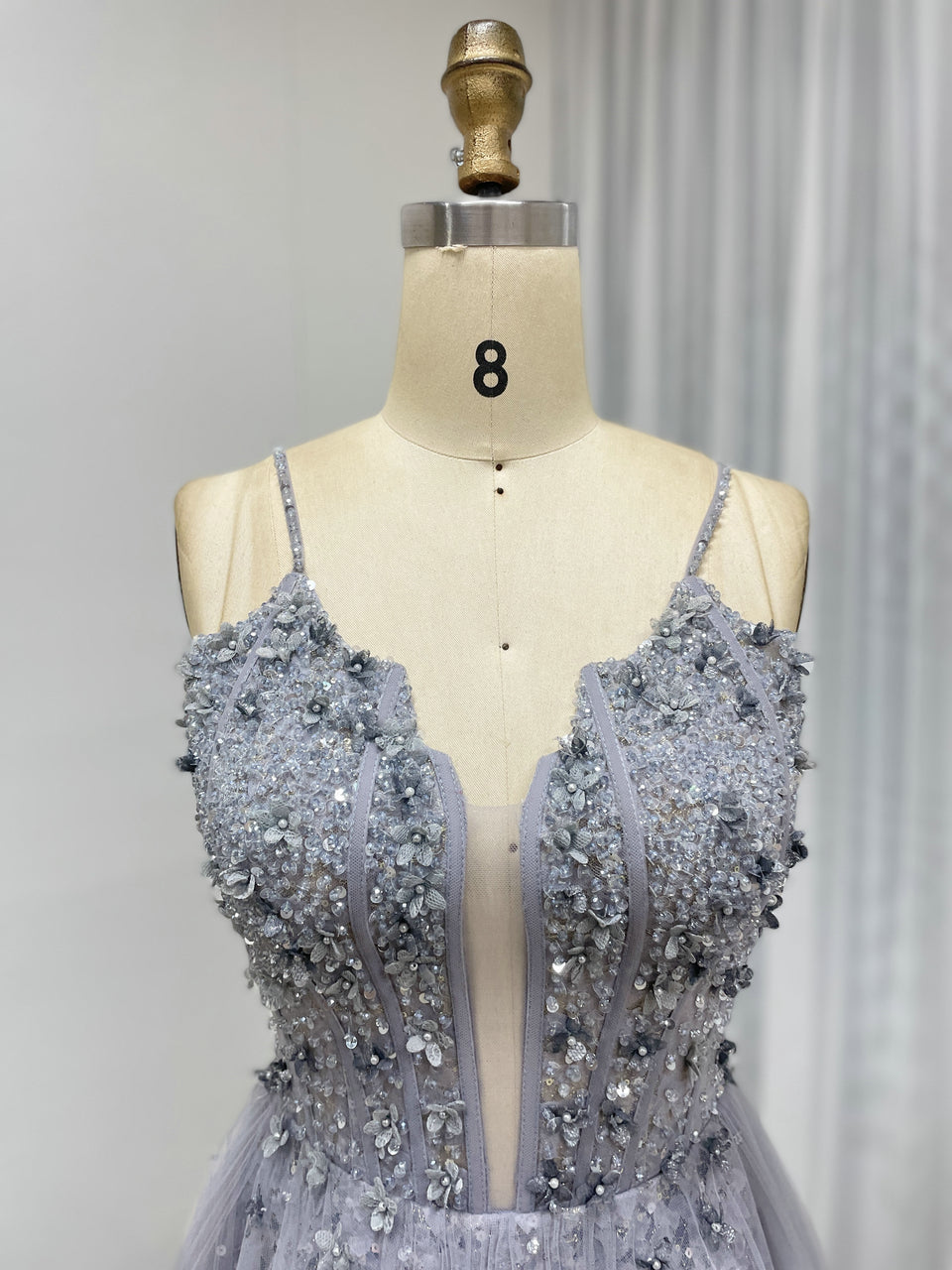 Gracefu Blue A Line Spaghetti Strap Evening Gown With Beautiful Exquisite Beaded Floral MB40355