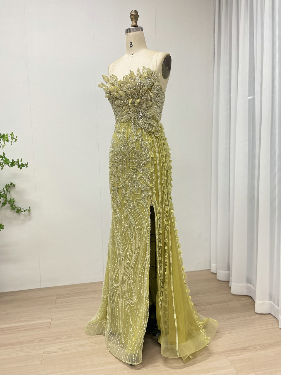 Olive Green Mermaid Banquet Evening Gown Embellished With Exquisite Hand Beaded And Floral MB40356