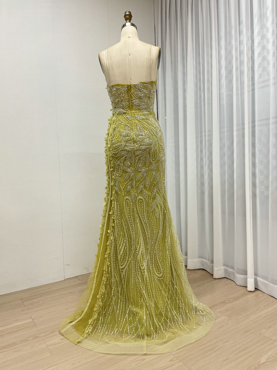 Olive Green Mermaid Banquet Evening Gown Embellished With Exquisite Hand Beaded And Floral MB40356