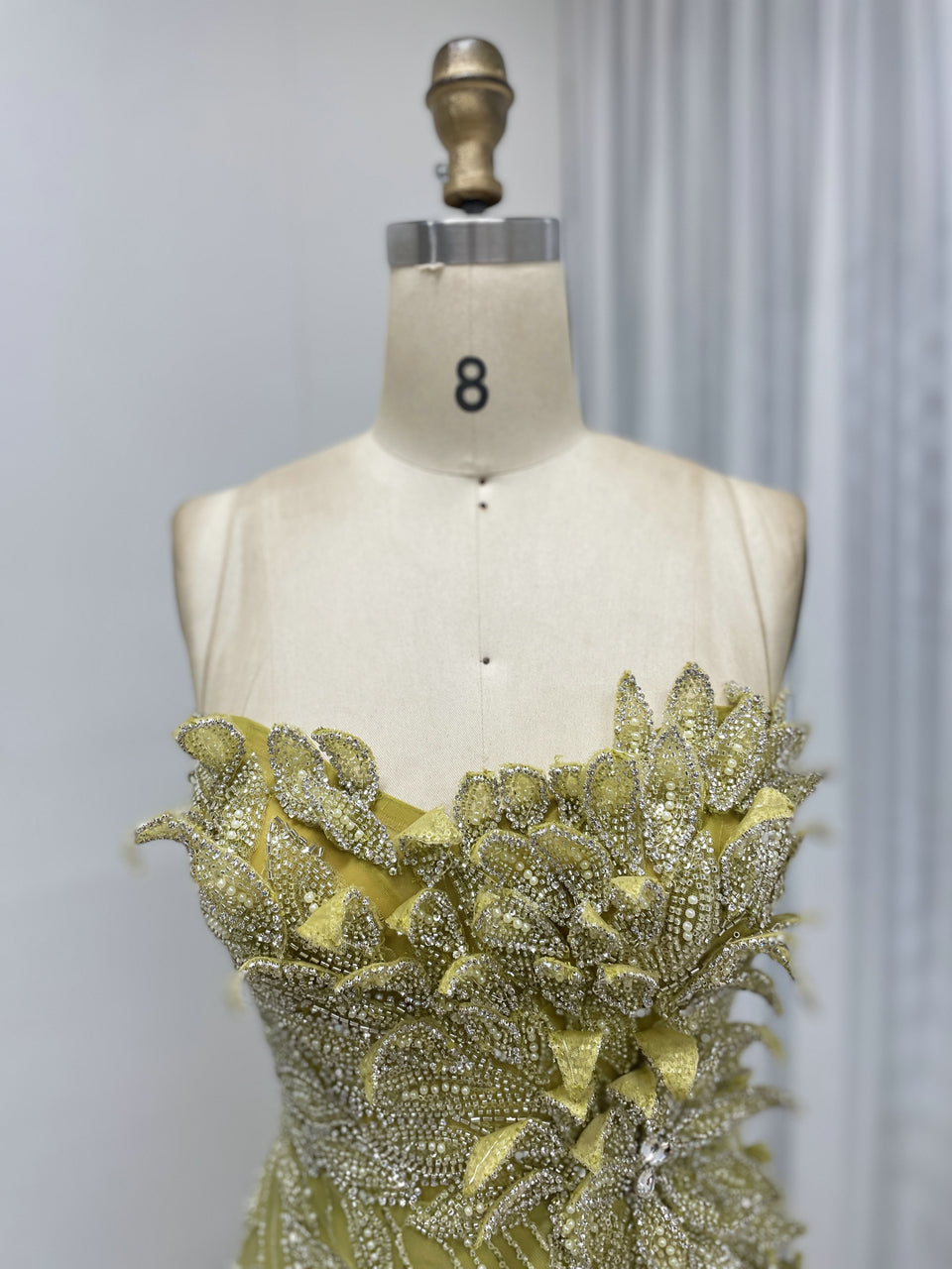 Olive Green Mermaid Banquet Evening Gown Embellished With Exquisite Hand Beaded And Floral MB40356