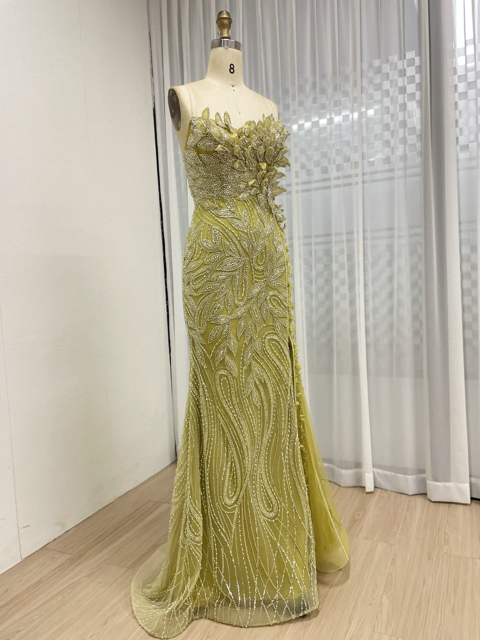 Olive Green Mermaid Banquet Evening Gown Embellished With Exquisite Hand Beaded And Floral MB40356
