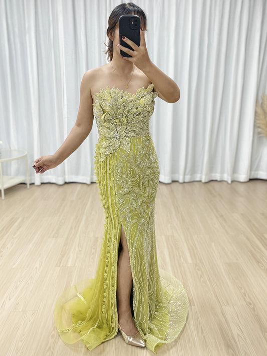 Olive Green Mermaid Banquet Evening Gown Embellished With Exquisite Hand Beaded And Floral MB40356