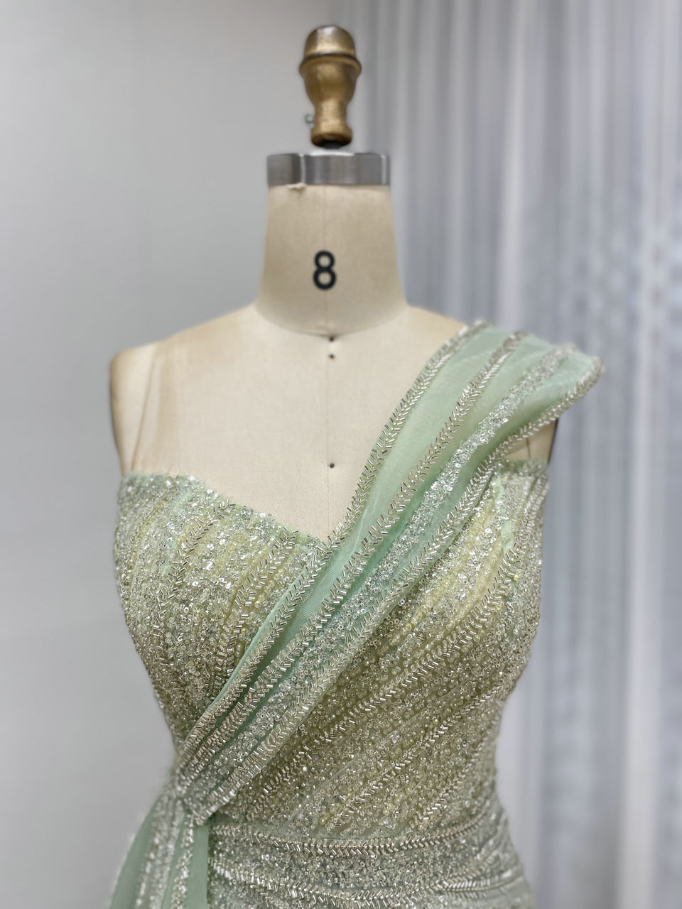 Light Green High Slit Sexy Sleeveless Mermaid Evening Gown With Side Train MB40357