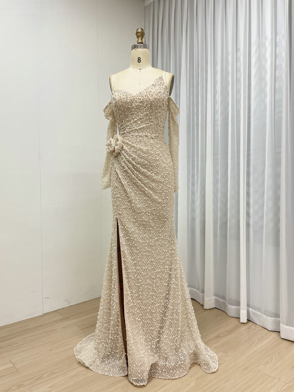 Exquisite Beaded Off the Shoulder Cream Mermaid Banquet Evening Dress MB40358