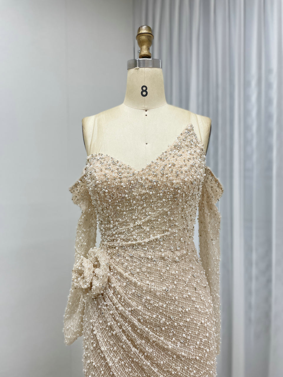 Exquisite Beaded Off the Shoulder Cream Mermaid Banquet Evening Dress MB40358
