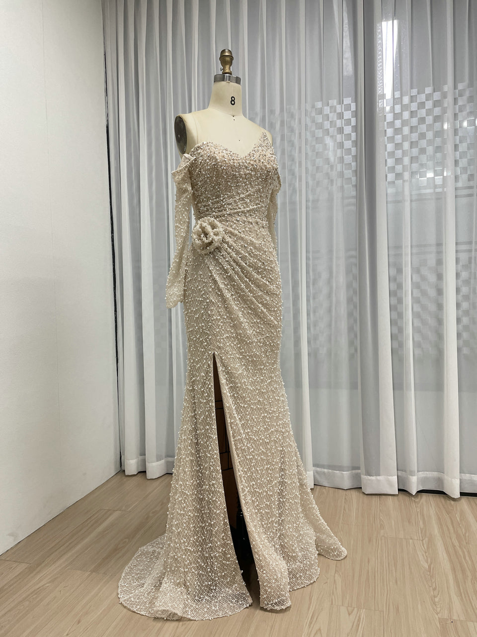 Exquisite Beaded Off the Shoulder Cream Mermaid Banquet Evening Dress MB40358