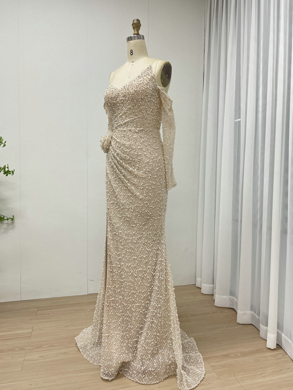 Exquisite Beaded Off the Shoulder Cream Mermaid Banquet Evening Dress MB40358