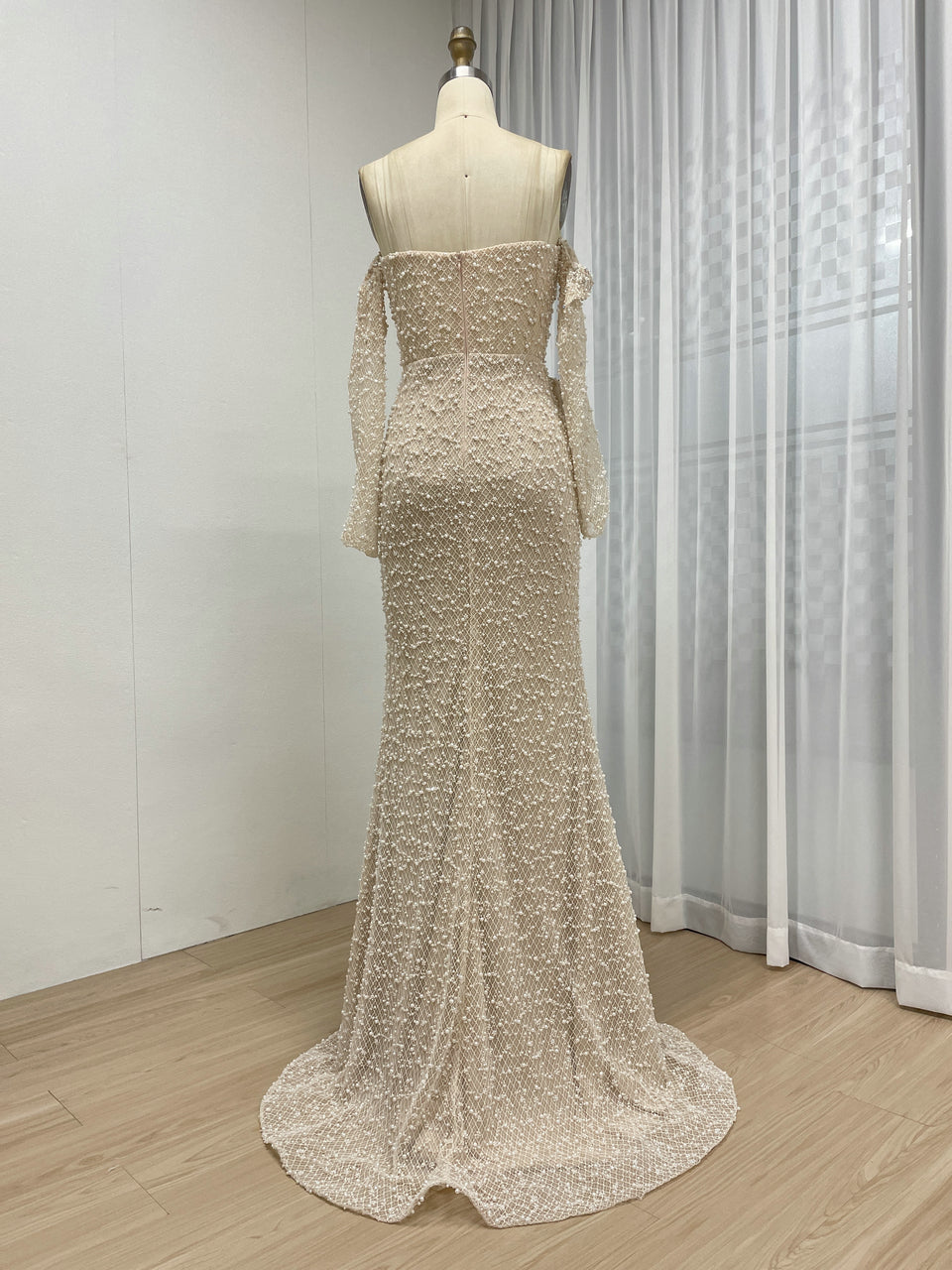 Exquisite Beaded Off the Shoulder Cream Mermaid Banquet Evening Dress MB40358