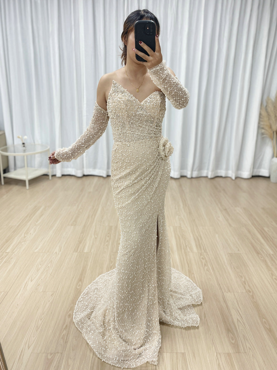 Exquisite Beaded Off the Shoulder Cream Mermaid Banquet Evening Dress MB40358