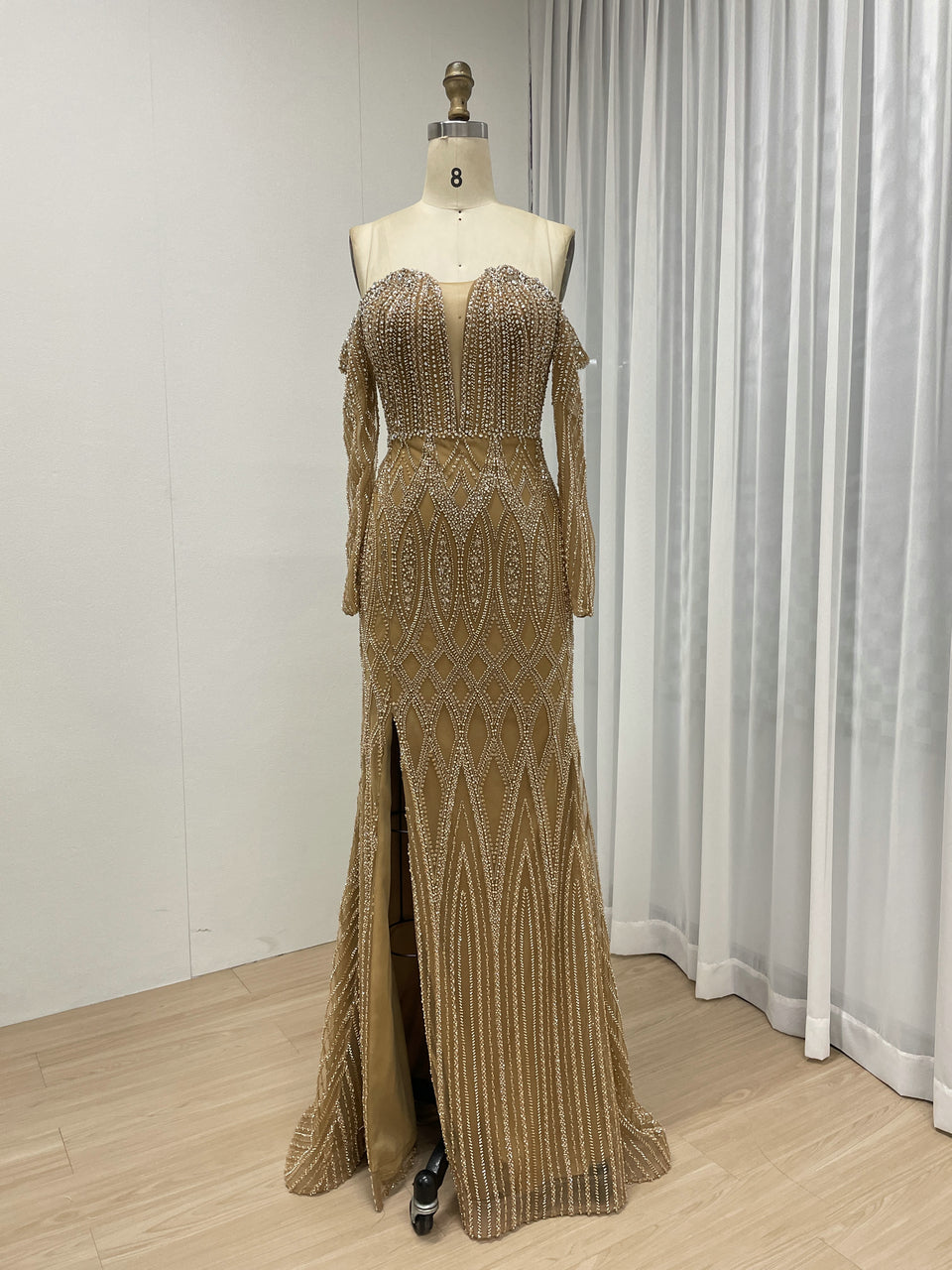 Elegant Off the Shoulder Brown Mermaid Banquet Evening Gown With Exquisite Embroidered Beaded MB40360