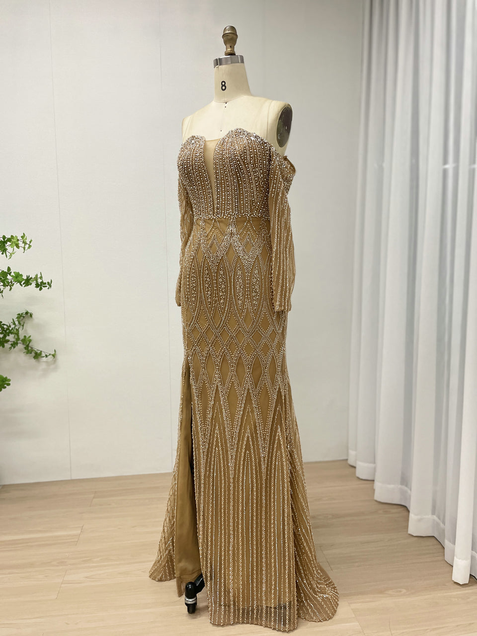 Elegant Off the Shoulder Brown Mermaid Banquet Evening Gown With Exquisite Embroidered Beaded MB40360