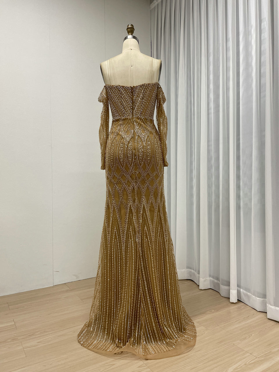 Elegant Off the Shoulder Brown Mermaid Banquet Evening Gown With Exquisite Embroidered Beaded MB40360