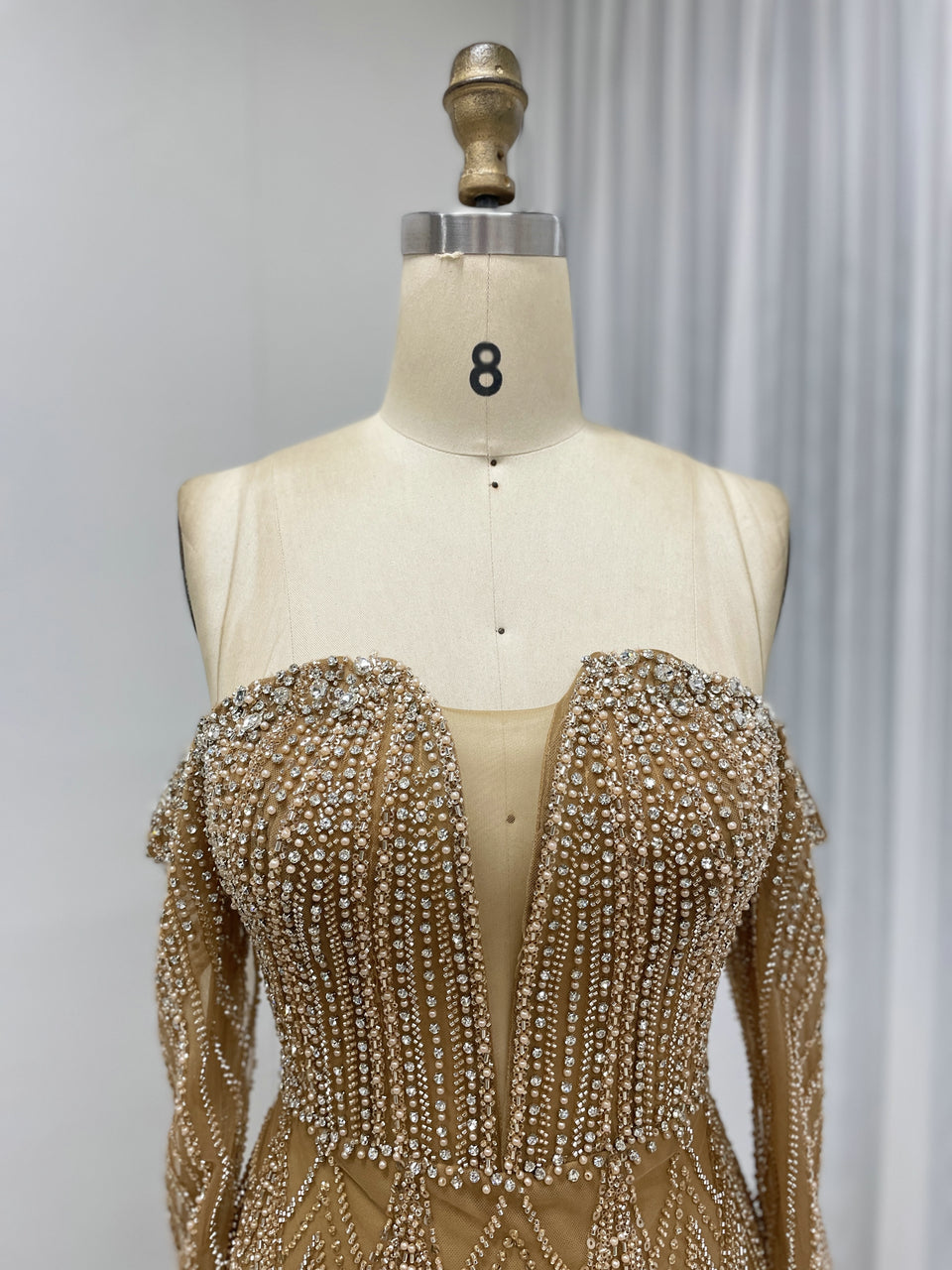 Elegant Off the Shoulder Brown Mermaid Banquet Evening Gown With Exquisite Embroidered Beaded MB40360