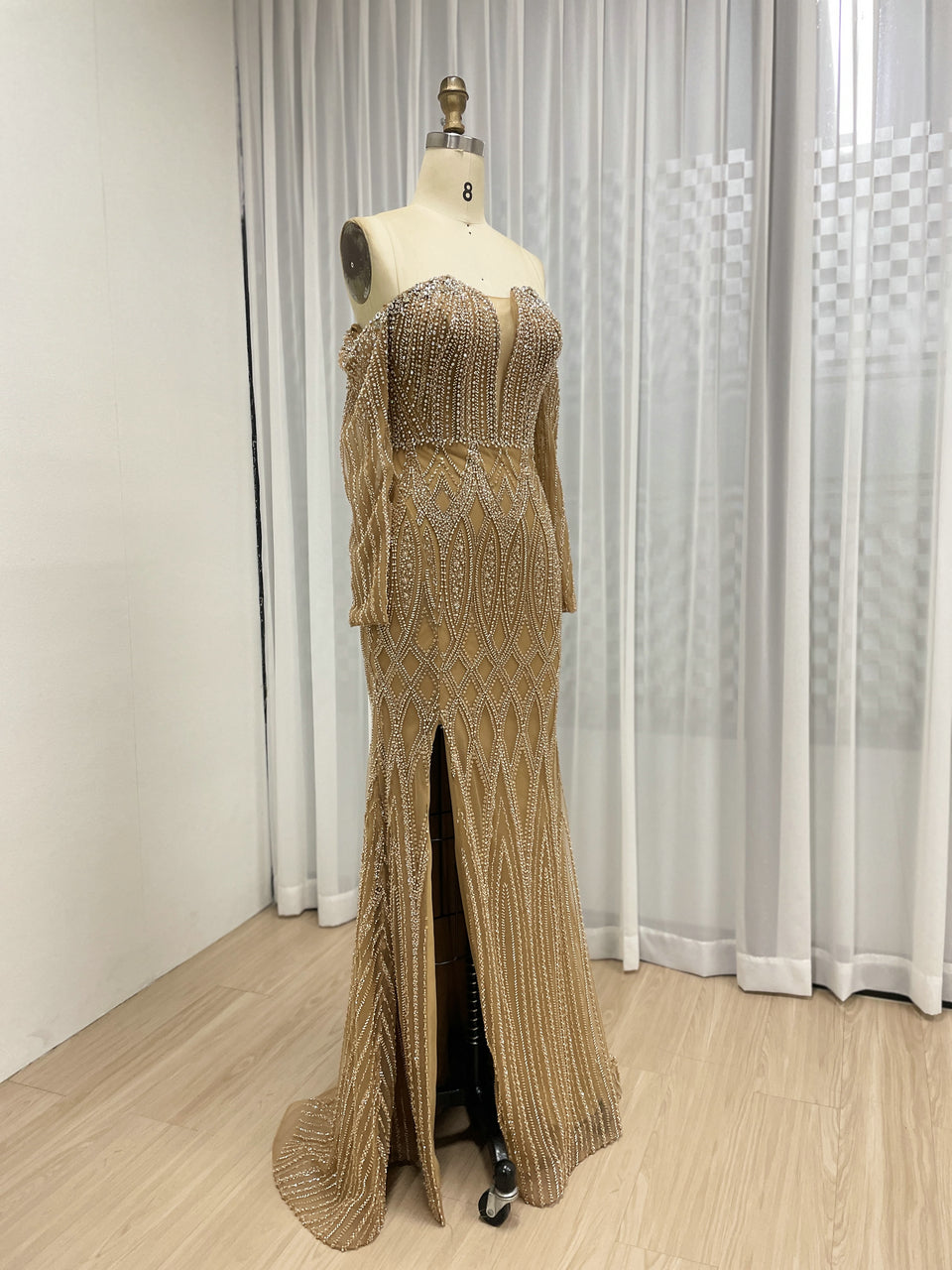 Elegant Off the Shoulder Brown Mermaid Banquet Evening Gown With Exquisite Embroidered Beaded MB40360