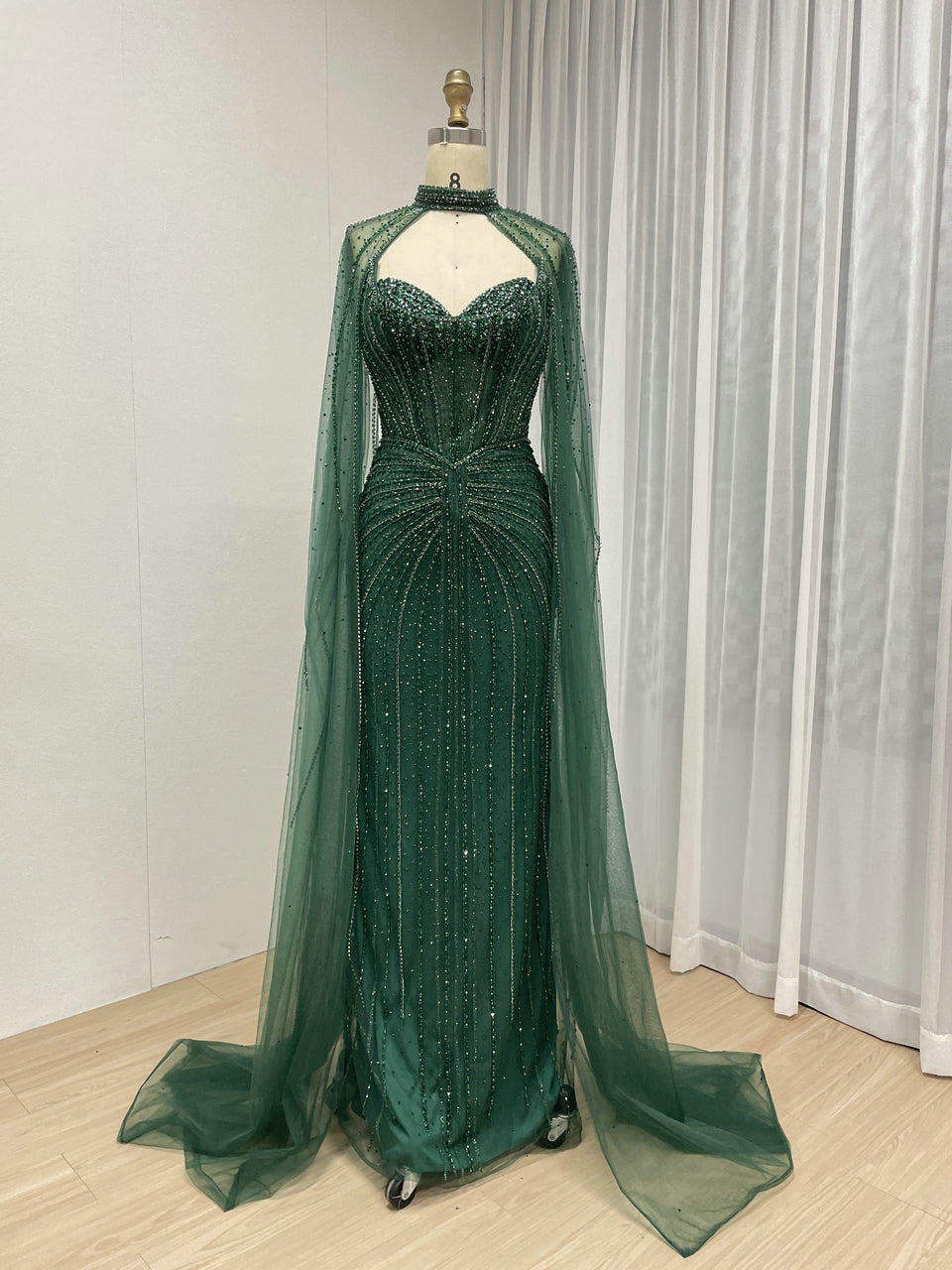 New Style Beaded Crystal Elegant Cape Sleeves Prom Evening Gown for Formal Occasion MB40365C