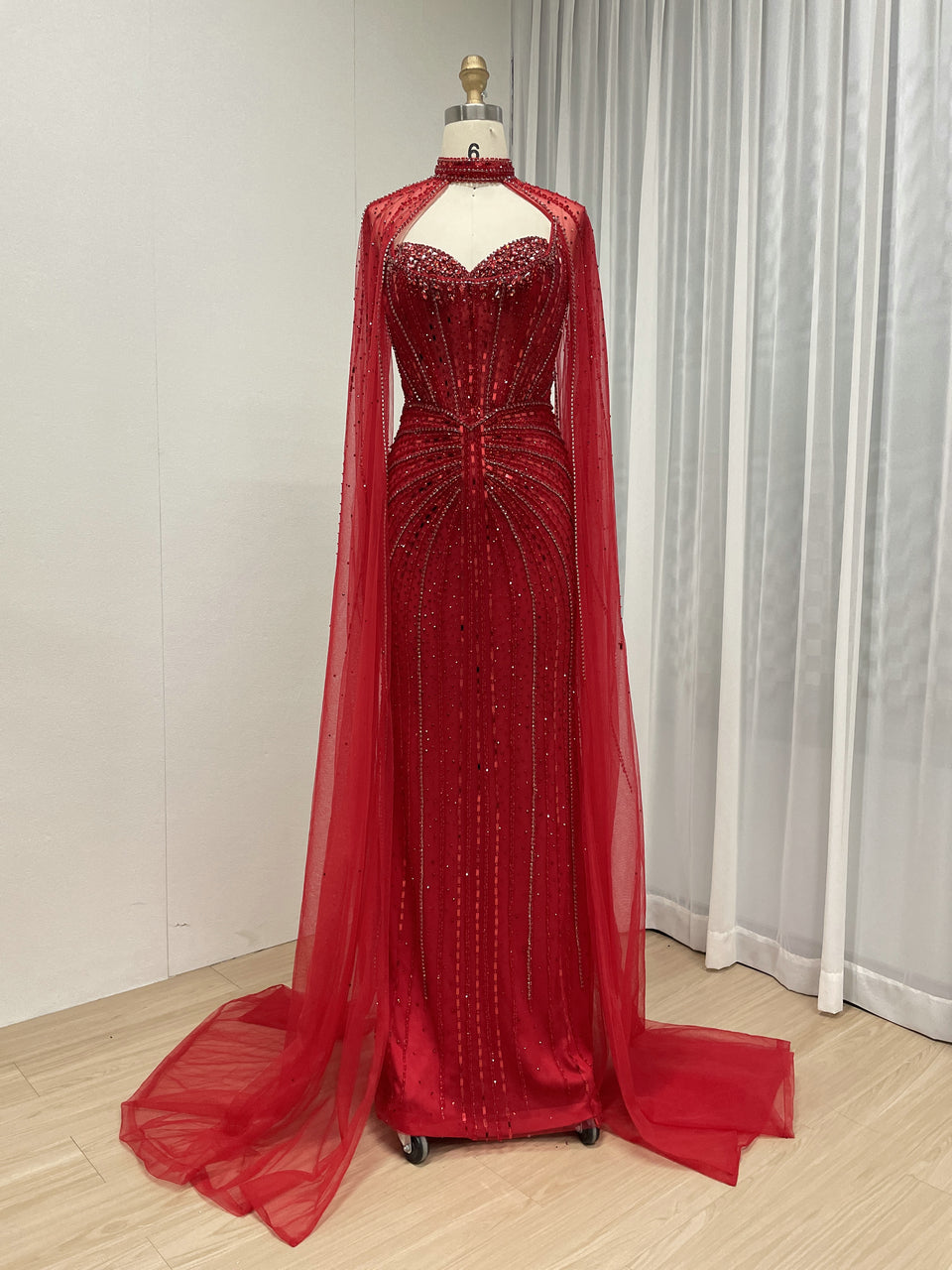 New Style Beaded Crystal Elegant Cape Sleeves Prom Evening Gown for Formal Occasion MB40365C